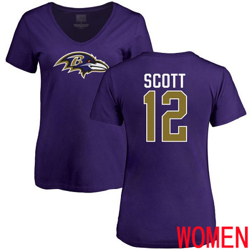 Baltimore Ravens Purple Women Jaleel Scott Name and Number Logo NFL Football #12 T Shirt->nfl t-shirts->Sports Accessory